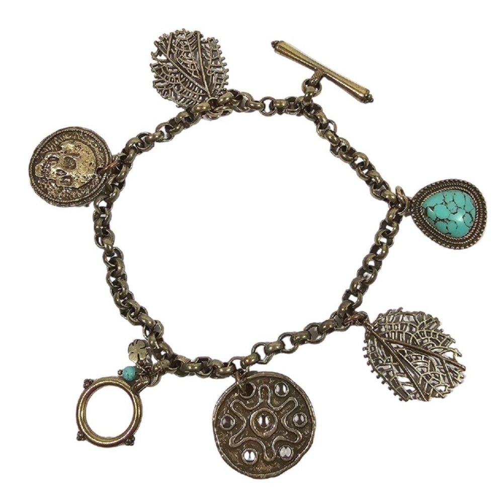 Lucky Brand Antiqued Bronze Pirate Treasure Turquoise Stone Skull Charm Bracelet